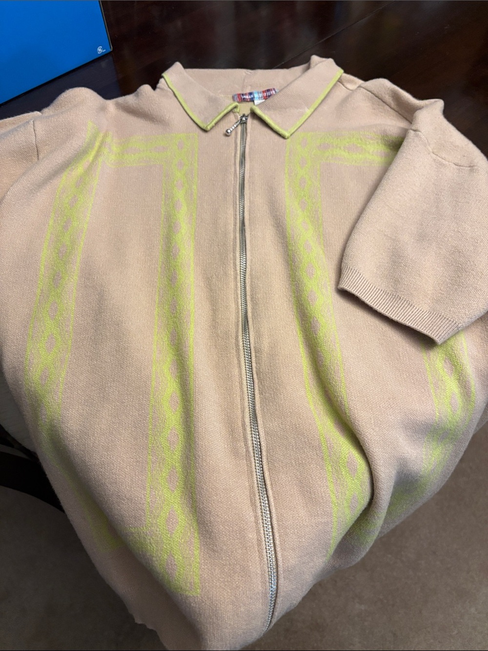 Urban Outfitters Beige Knit Zip-Up Cardigan with Lime Green Trim